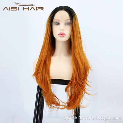 Aisi Hair High Quality 28 Inch Body Wave Curly Long Wavy Ombre Orange Lace Frontal Synthetic Hair For Black Women Lace Front Wig